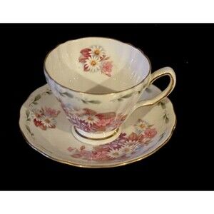 Royal Vale Fine Bone China Tea Cup & Saucer White Pink Flowers - VINTAGE